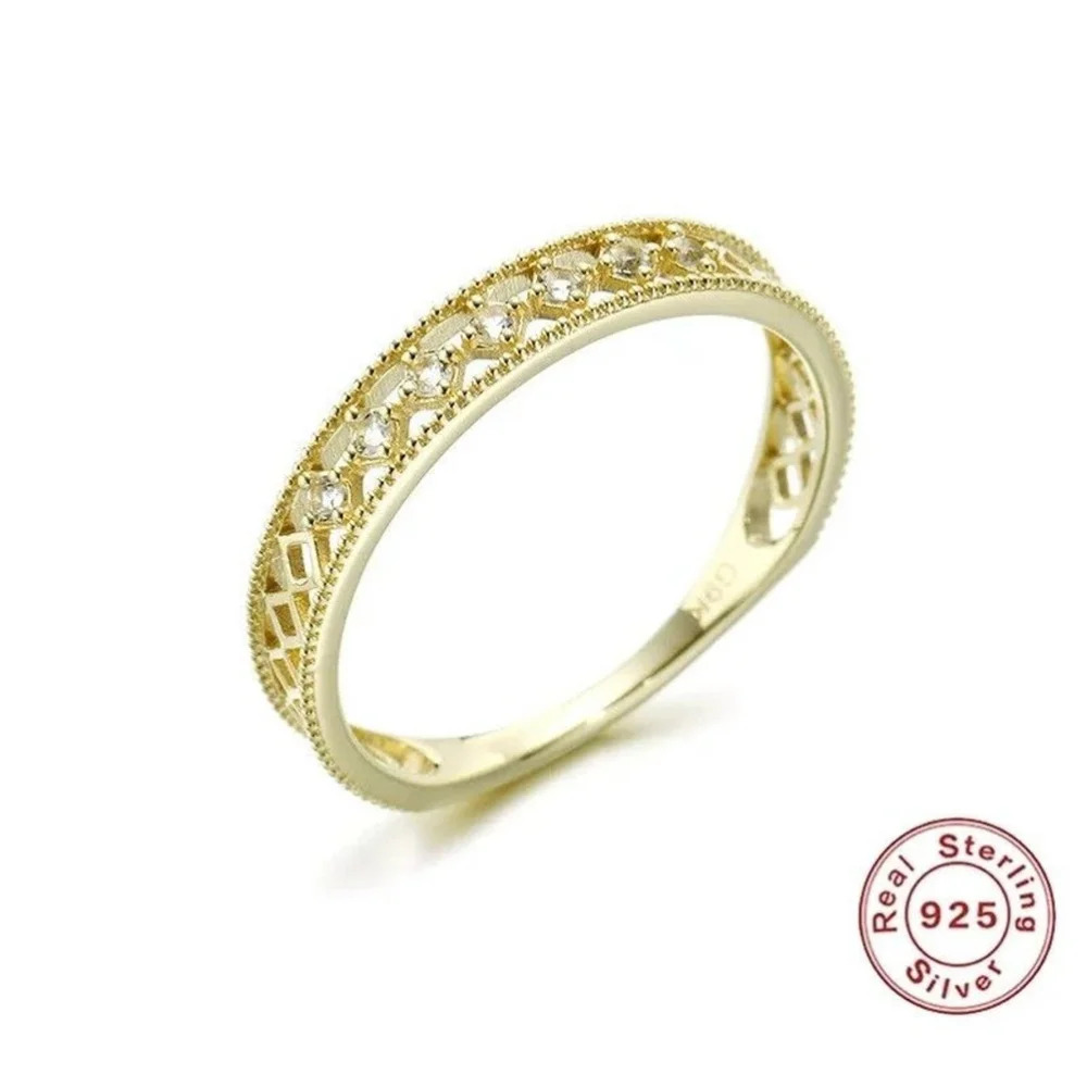 Women's Simulated‎ Diamond Lattice 18k Gold Plated S925 Band Ring, Adjustable